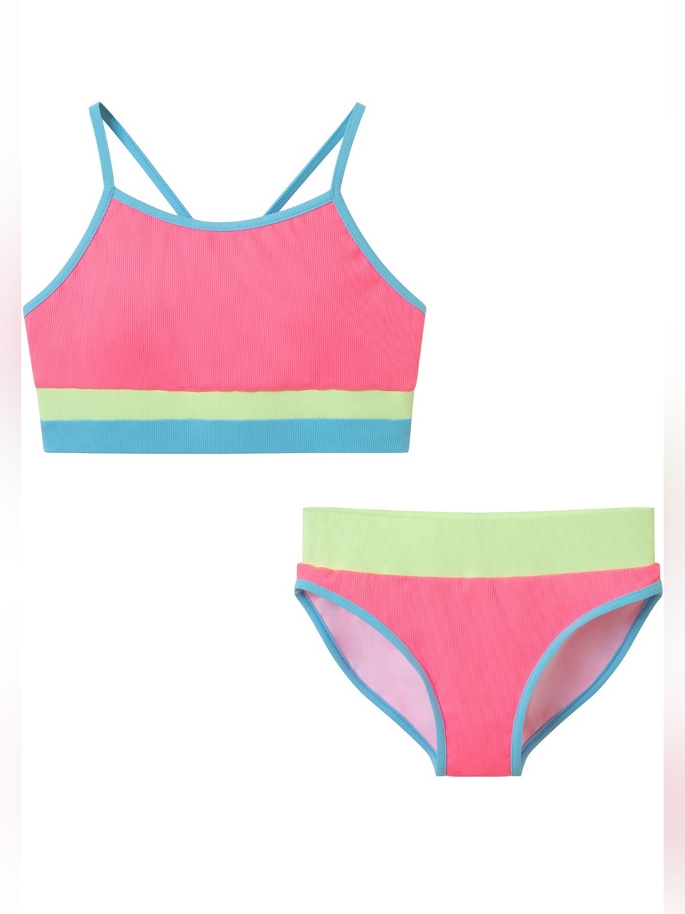 Andy & Evan Girls Rib Color Block Bikini Pink Blue Size 10 NWT UPF Protection